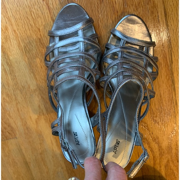 APT 9 pewter color strappy heeled sandals. Size 7.5. Extremely comfortable. - Picture 1 of 5